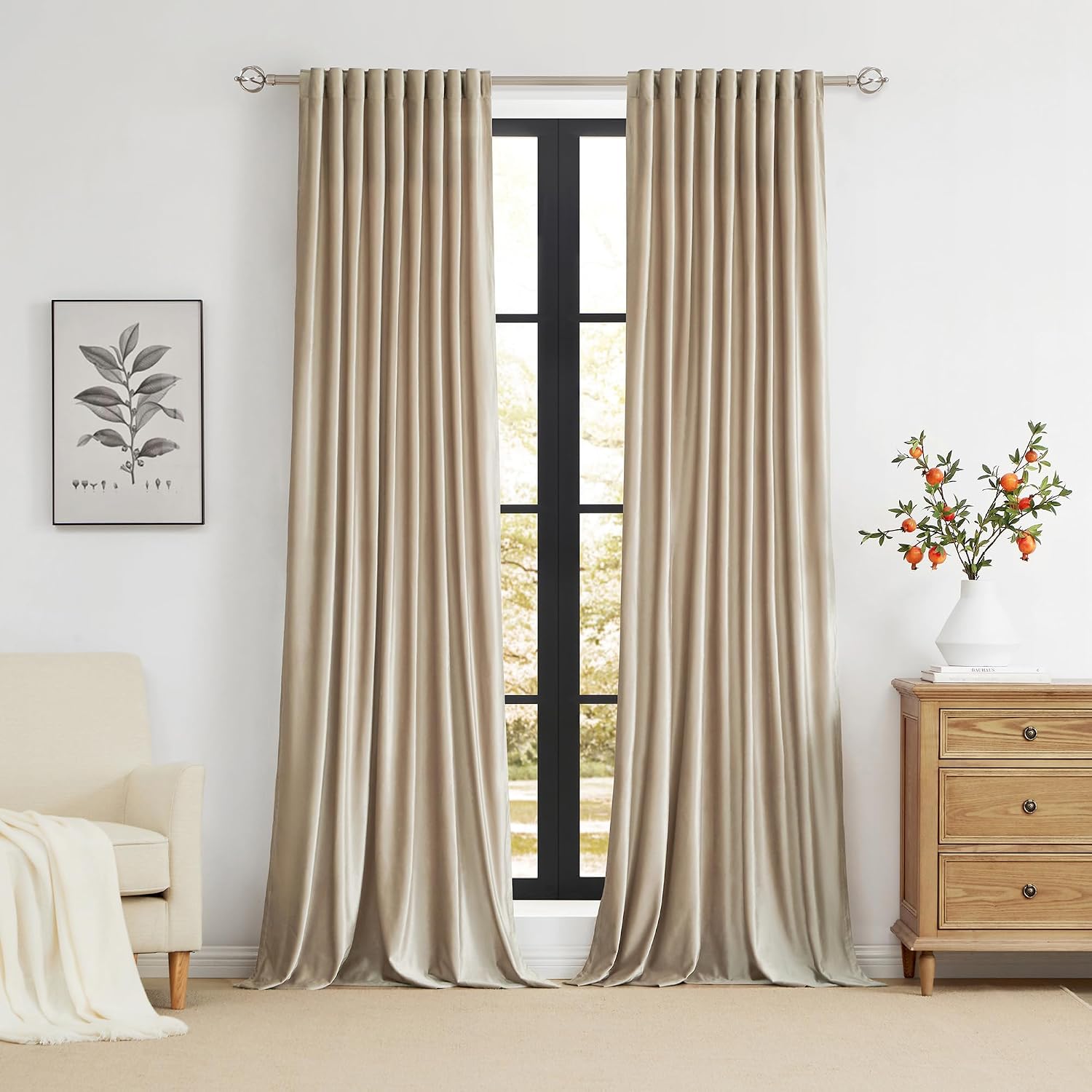 PRIMROSE Champagne Velvet Curtains 120 inch Long for Living Room,Set of 2 Panels Blackout Rod Pocket Back Tab Window Treatment Room Darkening Heavy Decorative Curtains Drapes for Bedroom - Image 5