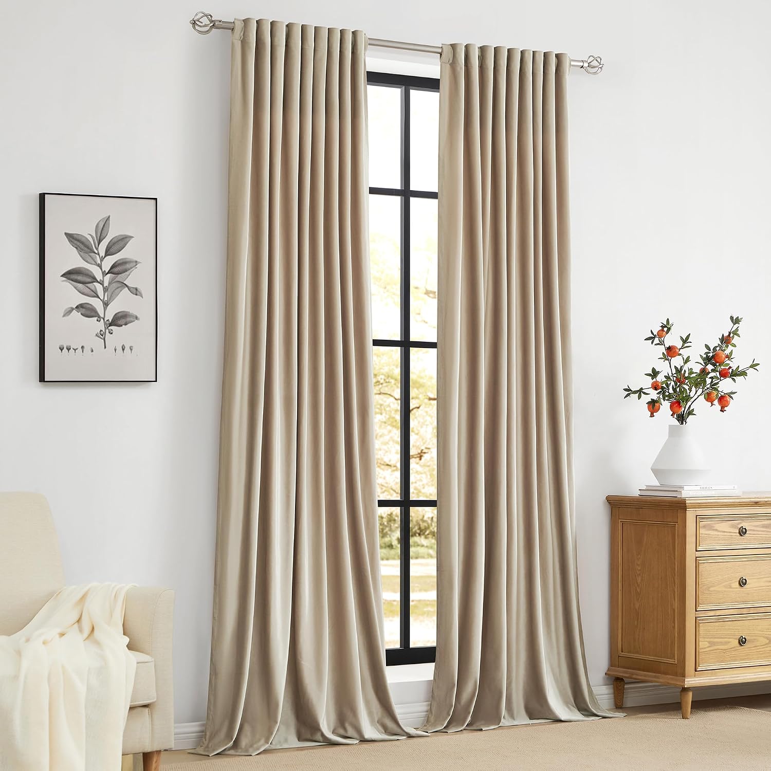 PRIMROSE Champagne Velvet Curtains 120 inch Long for Living Room,Set of 2 Panels Blackout Rod Pocket Back Tab Window Treatment Room Darkening Heavy Decorative Curtains Drapes for Bedroom - Image 8