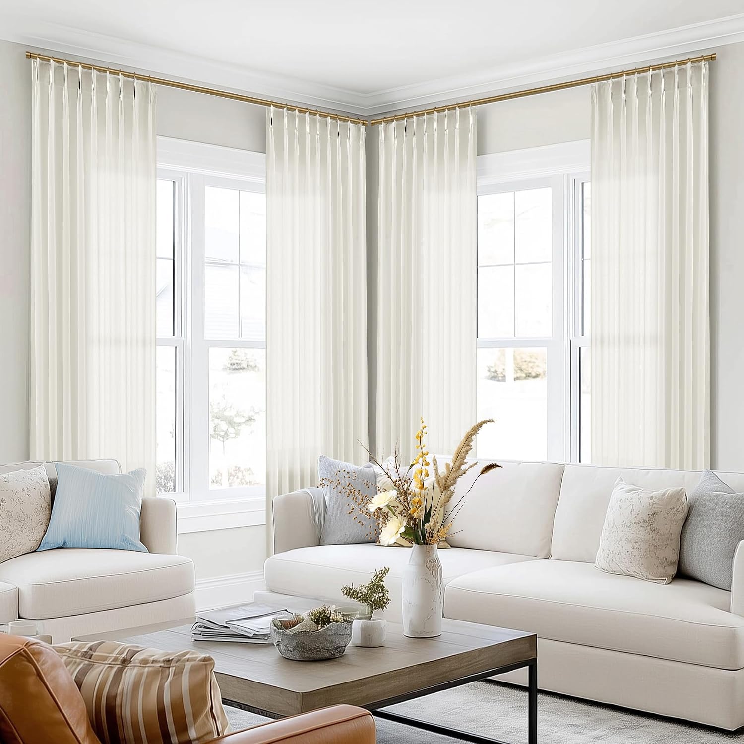 SHINELAND 60 Inch Extra Wide Linen Pinch Pleated Sheer Curtains 84 Inch Long, Light Filtering Semi Non See Through Drapes for Living Room, 5FT x 7FT Length, 2 Panels Set - Image 8