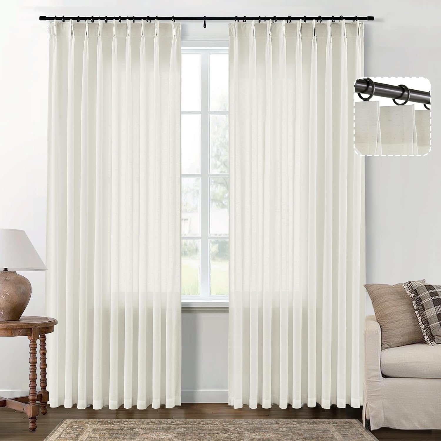 SHINELAND 60 Inch Extra Wide Linen Pinch Pleated Sheer Curtains 84 Inch Long, Light Filtering Semi Non See Through Drapes for Living Room, 5FT x 7FT Length, 2 Panels Set - Image 9